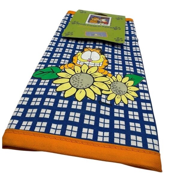 Vtg Retro Garfield & Odie Kids Pouch Half Apron Blue Plaid Sunflowers Cotton New - Picture 2 of 4